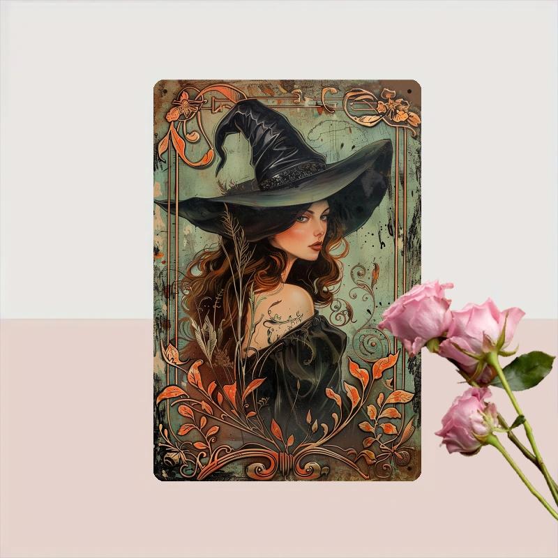 Room Decor 1pc Vintage Witch Metal Tin Sign, 8x12 Inches, Iron Wall Art with Pre-Drilled Holes, Elegant Witchcraft Themed Decor