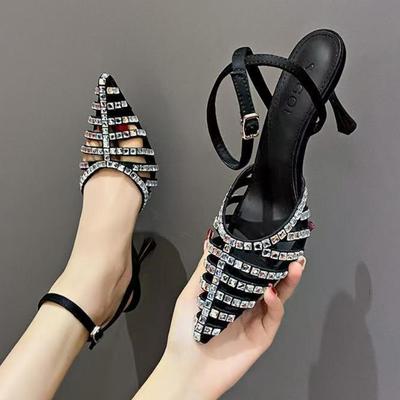 2025 French High Heels Women's New Stiletto Heel Pointed Toe Hollow Sandals Fashion Rhinestone Cut-out Sandals 35-40