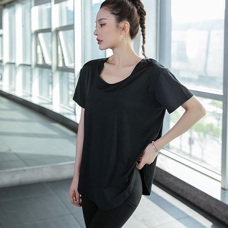 Women s Summer Loose-Fit Yoga Top: High Waist, Curved Hem, Batwing Short Sleeve T-shirt