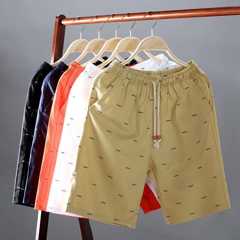 Summer Shorts Men Fitness Sport Elastic Waist Drawstring Shorts Men's Beach Pants Calf-length Design Fish Bone Printing Male