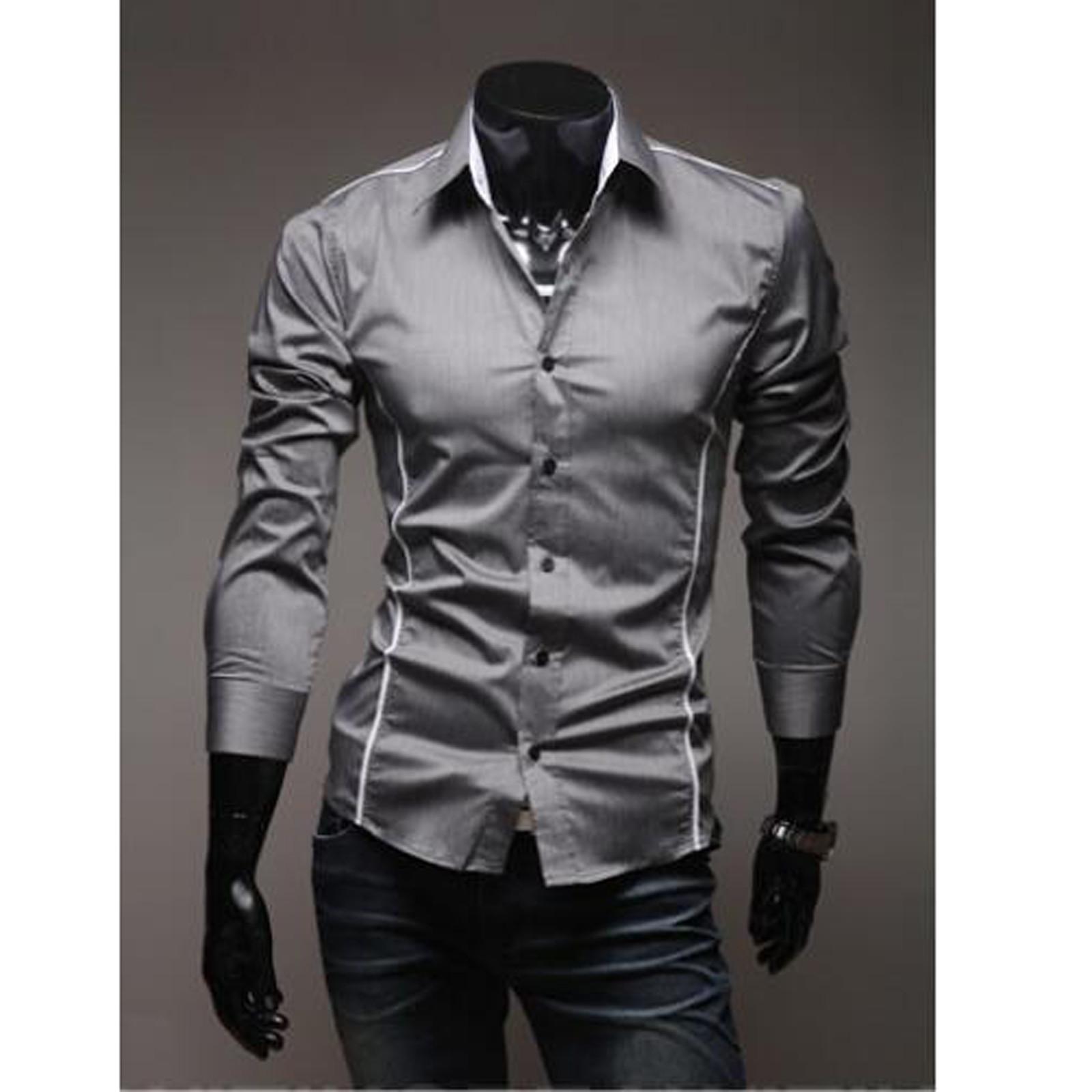 

Men s youth fashion casual color Lapel long sleeve Slim Fit Shirt L