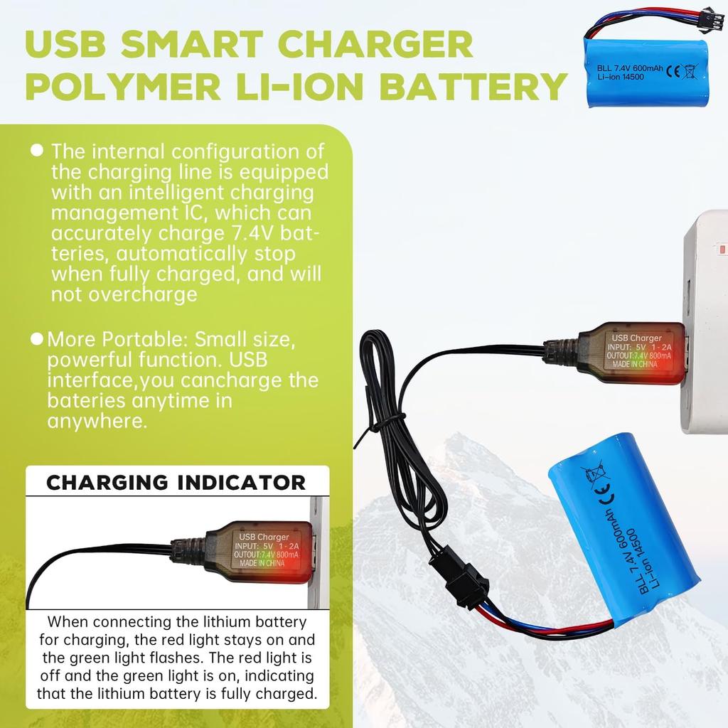 1x Li-ion Battery 7.4V 600mAh 2S with SM-3P Connector + USB Cable – Compatible with RC Car DE82, TK3086B, TK-3082B, G20601, Stunt Flip Car