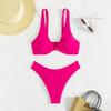 Damen Unifarbenes Knallpinkes Zweiteiliges Bikini-Set - Verdrehter Front-V-Ausschnitt Hohe Taille Badeanzug