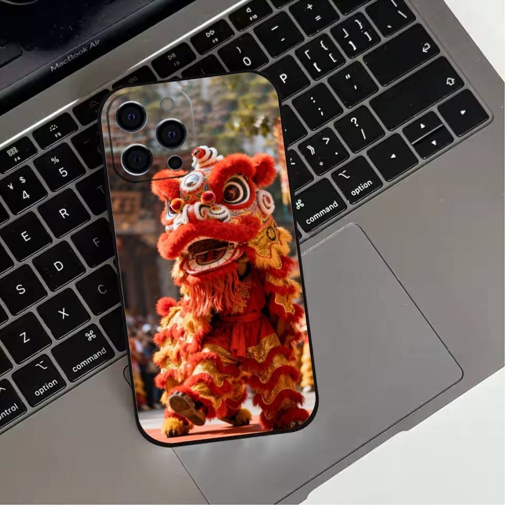 Чехол для телефона с китайским львиным танцем Для iPhone 17, 16, 15, 14, 13, 12, 11 Plus, Pro Max, Другие Мягкий черный чехол iPhone16pro