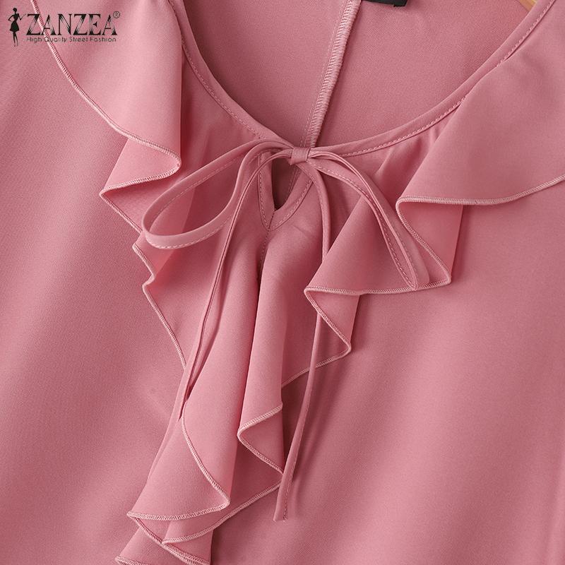 ZANZEA Women Casual Ruffles Round Neck Summer Short Sleeve Blouse