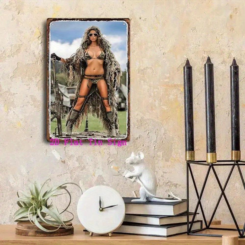 Vintage Humorous Metal Wall Decor 8x12 Inch - Sexy Camo Soldier Girl Design for Man Cave Bar Home Bathroom