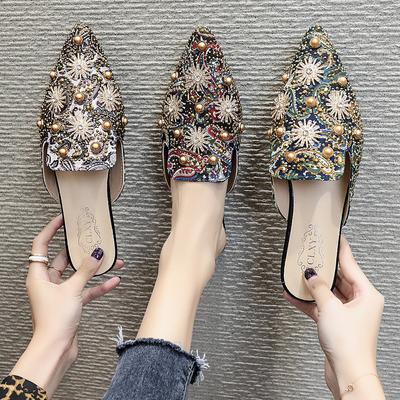 Women's Rhinestone Embroidered Mules Fur Slippers Velvet Shoes Women's Low Heel Love Decorated Sandals Women's Flip Flops Size40