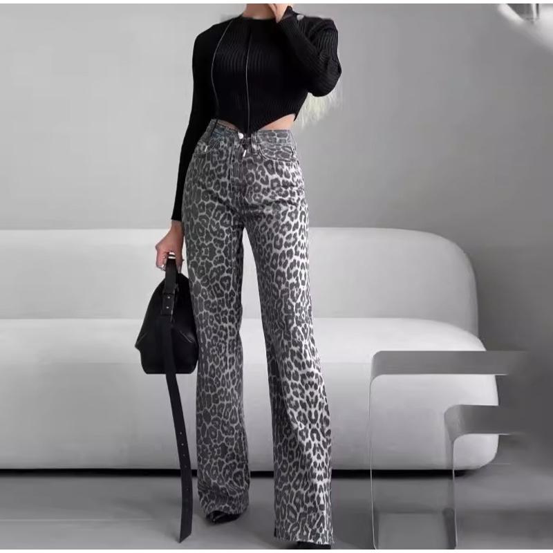Elegant Grey Leopard Printed Jeans High Waist Straight Leg Vintage High Street Black Jeans Pants Women Formal Korean Retro