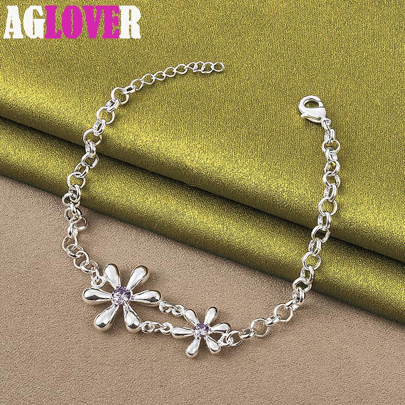 925 Sterling Silver White AAA Zircon Flowers Bracelet Jewelry