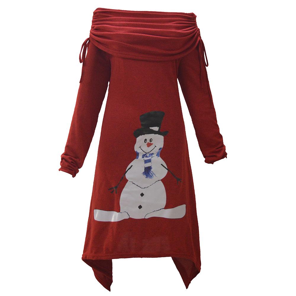 

Popular autumn and winter women s Christmas women s clothing snowman print pleated collar irregular drawstring dress S красный