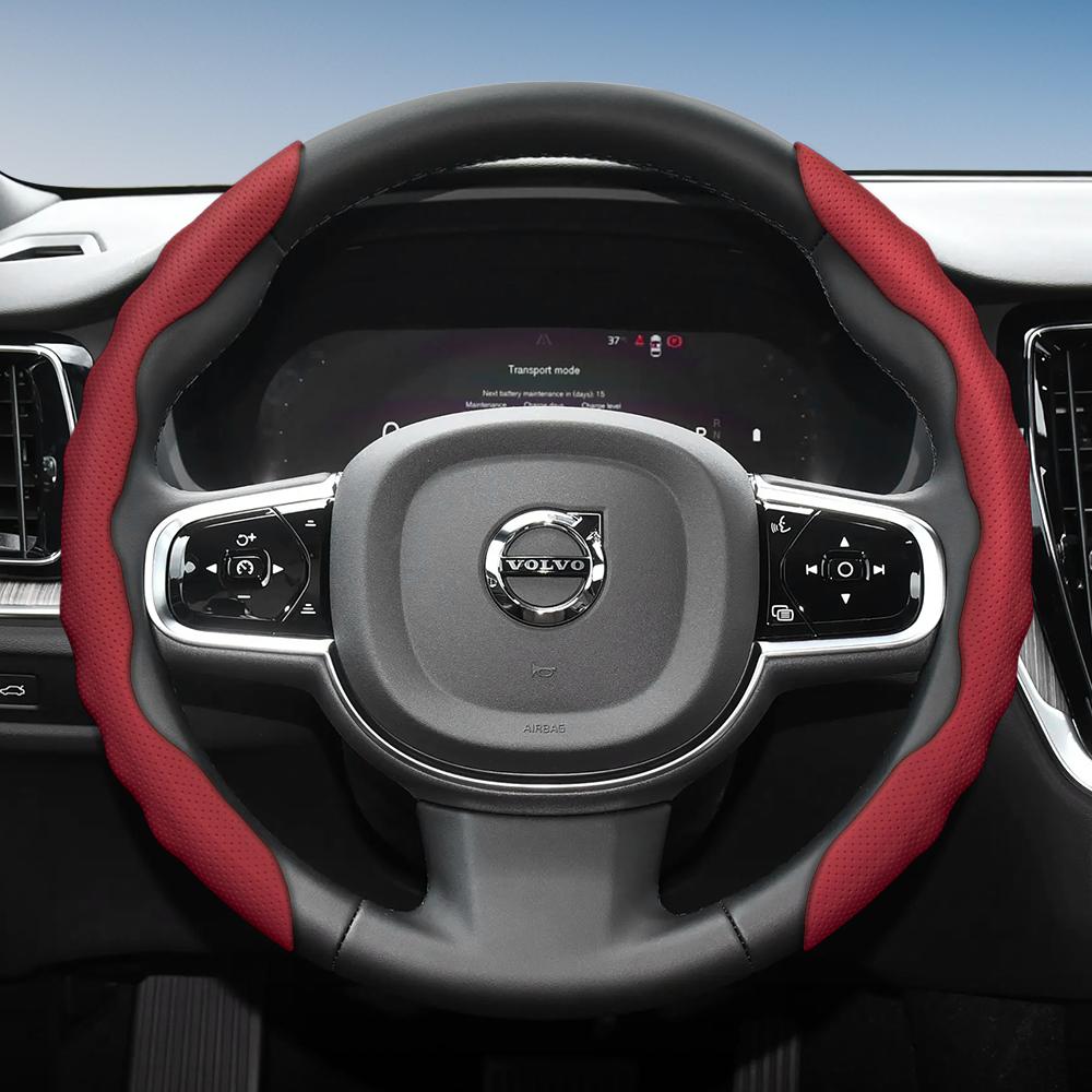 Steering Wheel Cover for Volvo, Wave-Shaped Sporty Design, Breathable Leather, Segmented, Non-Slip, Sweat-Absorb