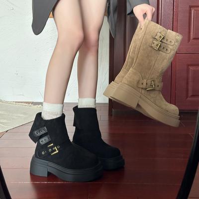 Retro Damen Mittelstiefel neue Mode vielseitig lässig dicker Absatz Gürtelschnalle Knie Ritterstiefel
