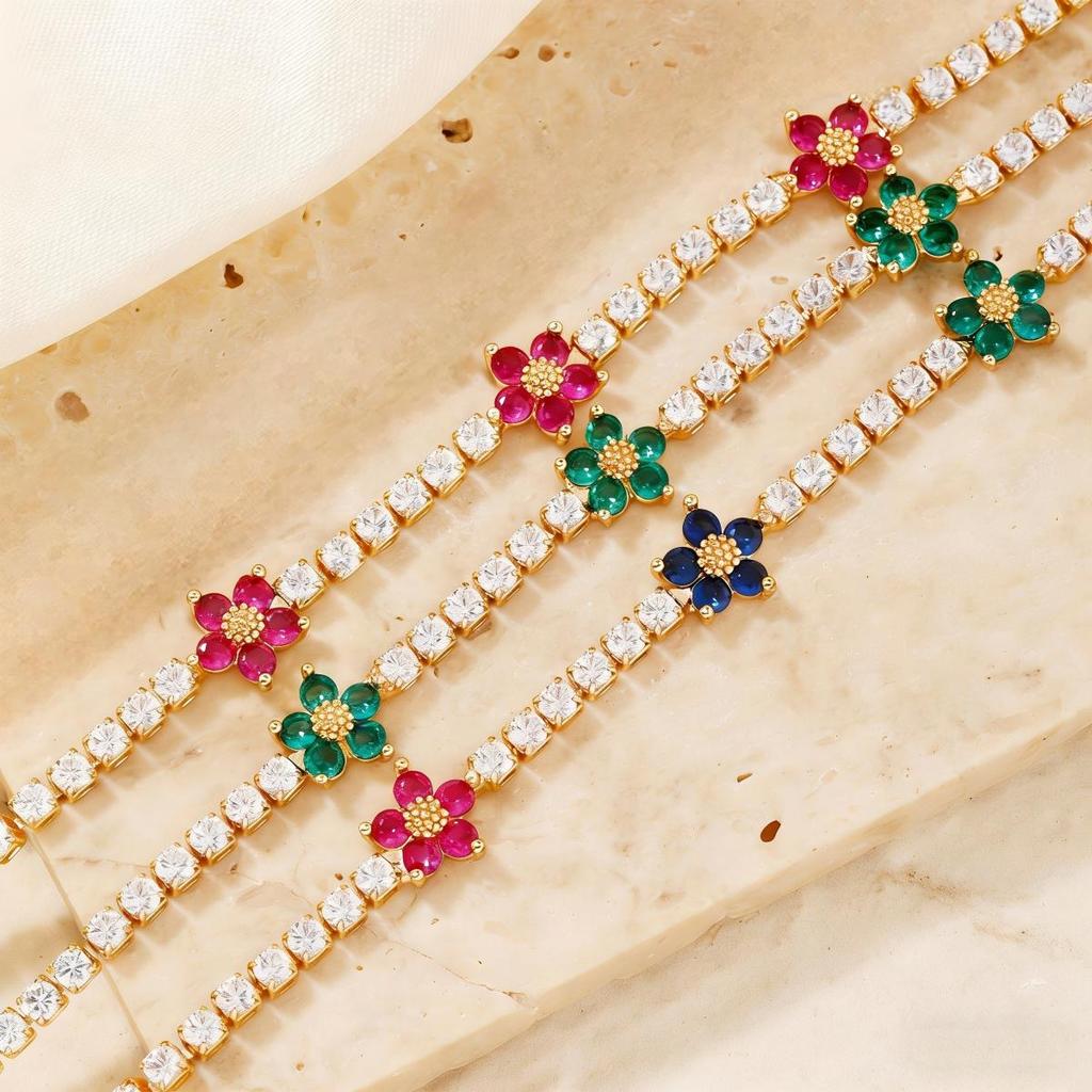 Luxury Flower Tennis Bracelet for Wome Colorful Zircon Floral Charms Tennis Chain Elegant Jewelry Tarnish Free