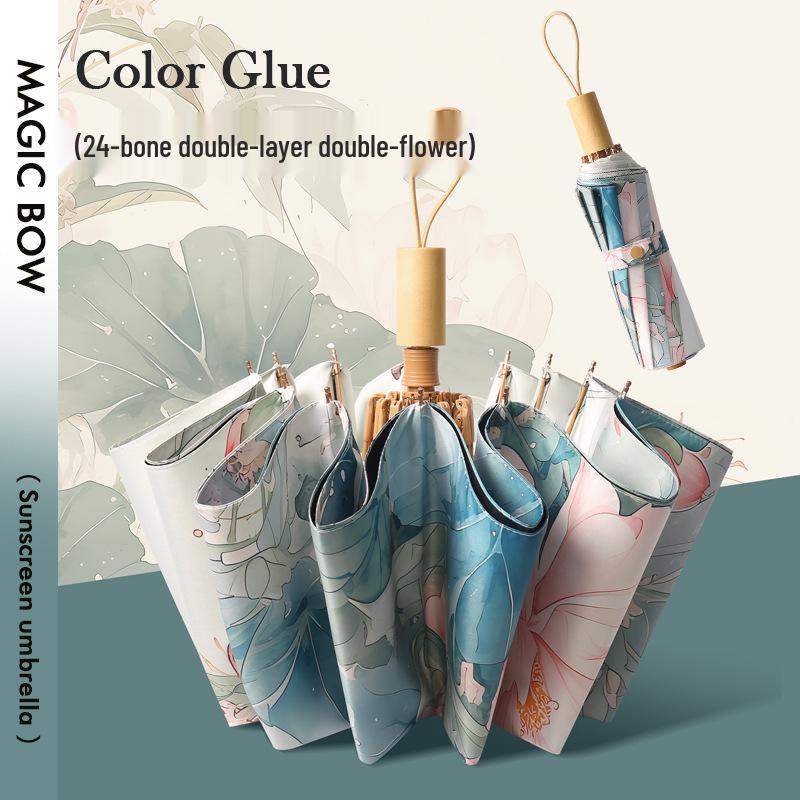 

Жіноча парасолька з подвійним шаром та квітковим принтом: Захист від УФ-променів, 24 спиці, Вітрозахисний, Складний, Для дощу або сонця