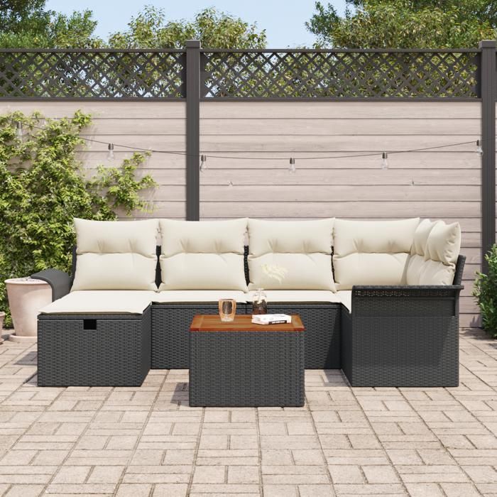 Ensemble de Canapé de Jardin 7 Pièces en Rotin Noir, Canapé de Jardin 2 Places avec Rangement &amp; Coussins en Rotin Noir 3360785