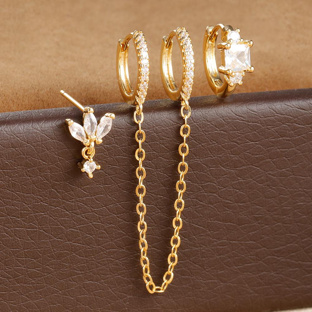 3PCS Stainless Steel Long Chain Two Hole Piercing Earrings Set for Women Tassel Horse Eye Zircon Small Hoop Earrings Jewelry