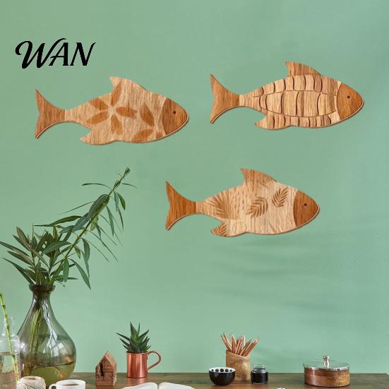 Tabletop Fish Ornament 3Pcs/Set Bathroom Wall Decoration, Rustic Wooden Art 2D Printed Sculpture, Nautical Hanging for Beach Lake House Ocean Style