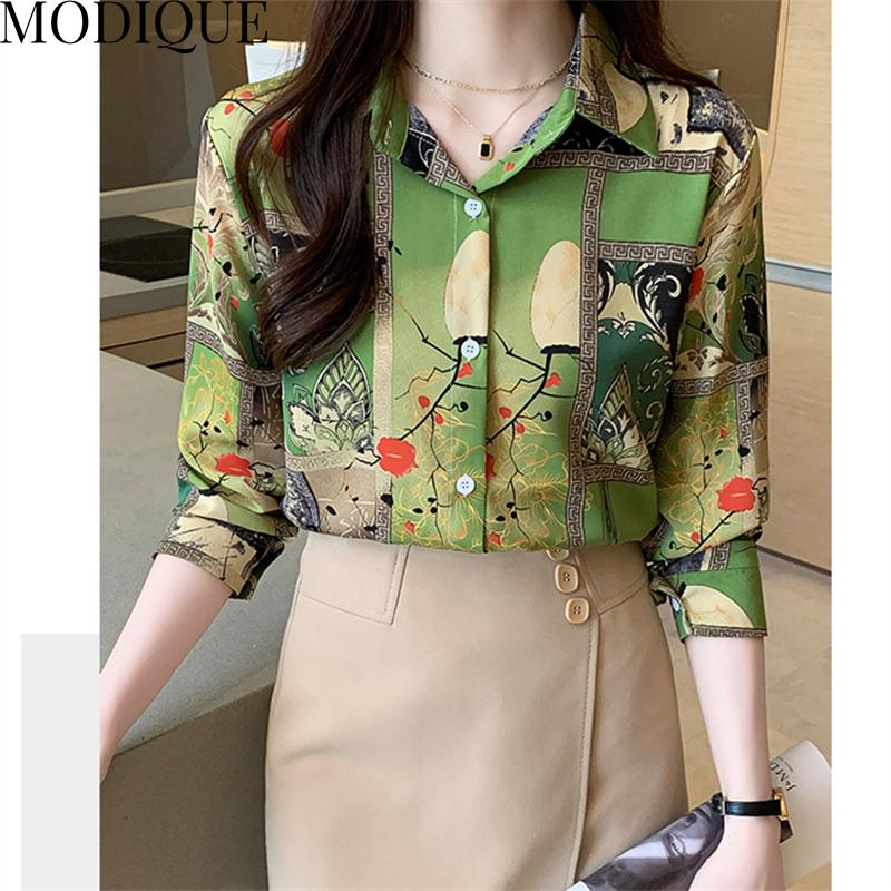 MODIQUE Jaro Léto Nadměrné velikosti Dámské Volné Elegantní Bavlněné Hedvábné Květinový Vzor Halenky Košile Dámská Móda Oversized Výstřih do V Dlouhý Rukáv Kabáty