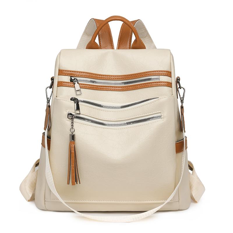 Women's Soft Leather Backpack Color Block Student Schoolbag Tassel Travel Bag