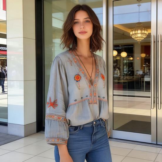 Women Tops Deep V Neckline Dropped Shoulder Sleeve Curved Hem Blouse Casual Layering Shirt