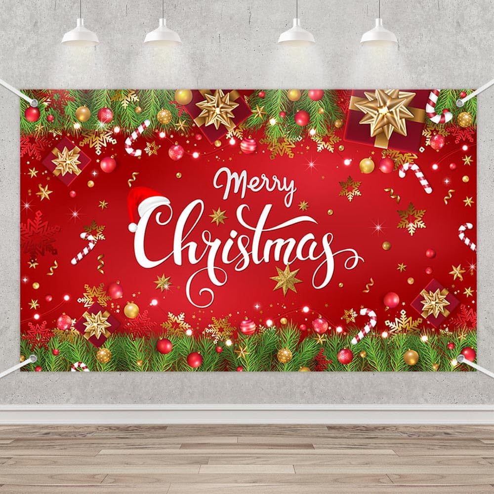MEHOFOND Merry Christmas Backdrop Banner, Xmas Tree Gifts Gold Snowfalke Bells Red and Green Christmas Party Decorations
