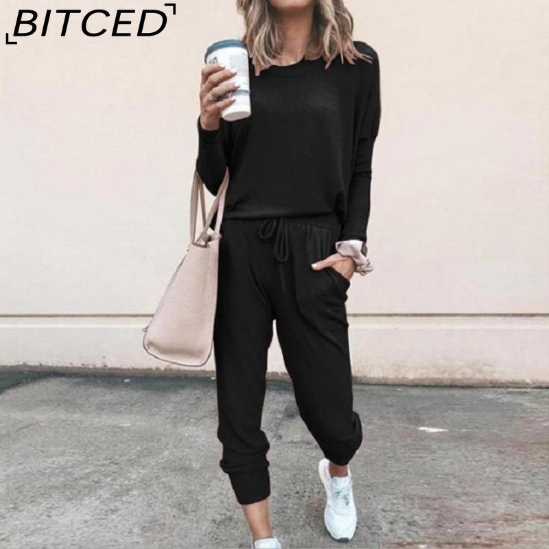 BITCED Spring and Autumn Women's Loose Solid Colour Long Sleeve Long Pants Casual Suit