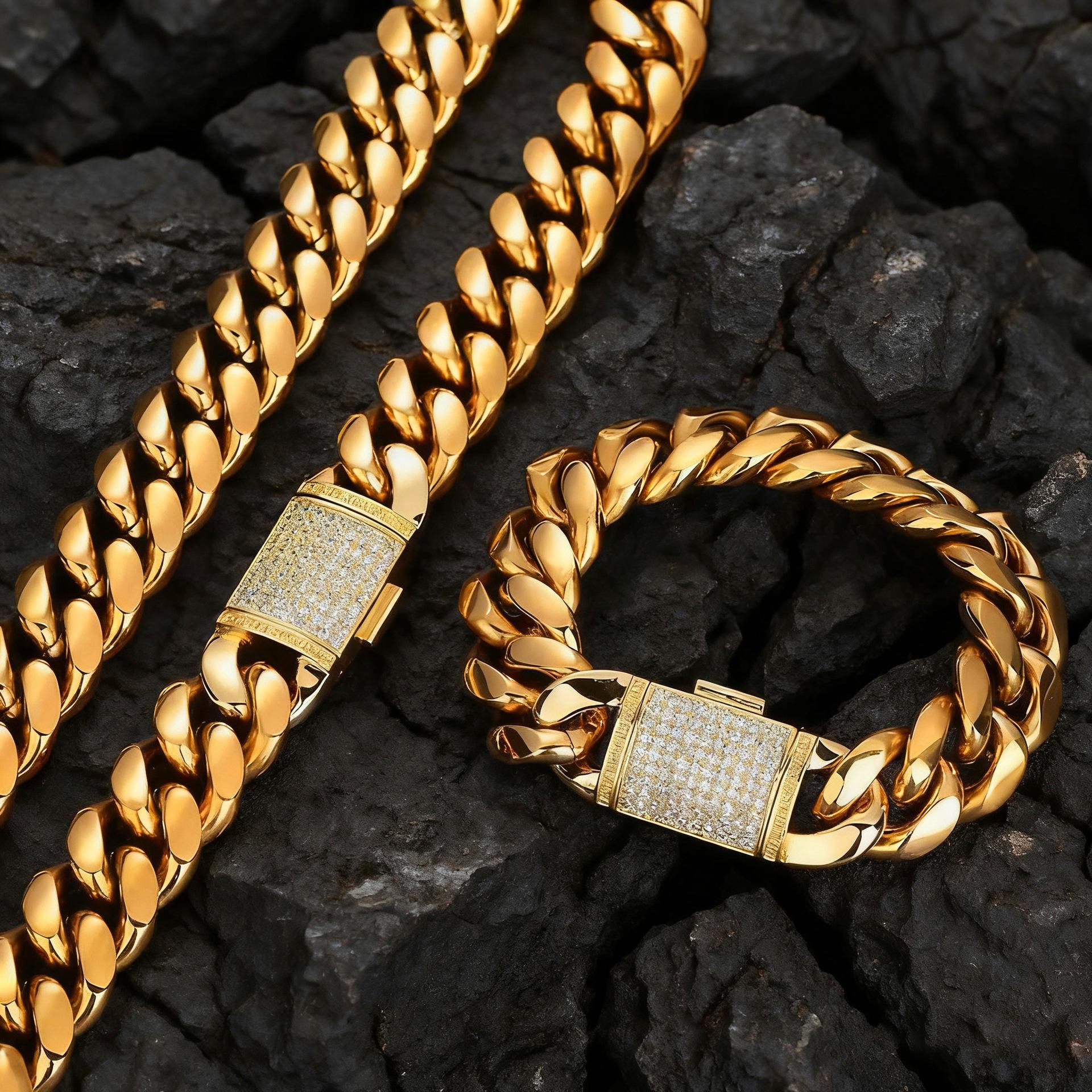 Hip Hop  Punk Jewelry Cuban Link Chain 18K Gold  With ZIRCON Box Clasp Cuban Chain Necklace 18cm