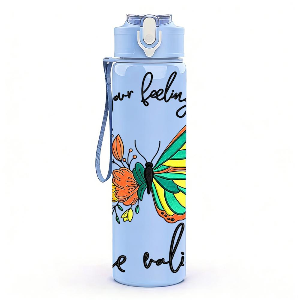 1PC Teal Butterfly Floral Quote 750ml Color Plastic Sports Water Bottle Leakproof Flip Straw Lid Suitable for Sports Office Home Use