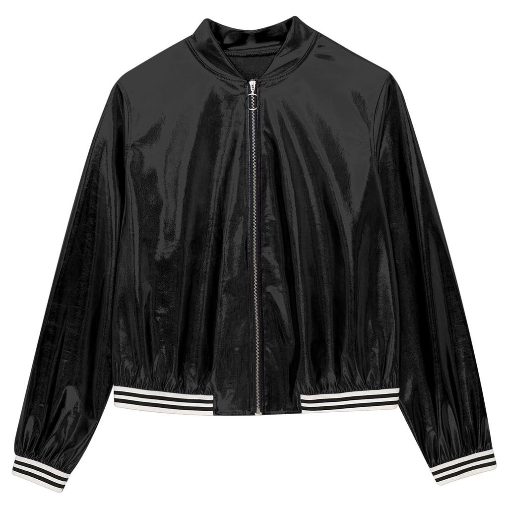 Mens Metallic Bomber Jacket Striped Band Long Sleeve Shiny Outerwear Club Coat Street Style