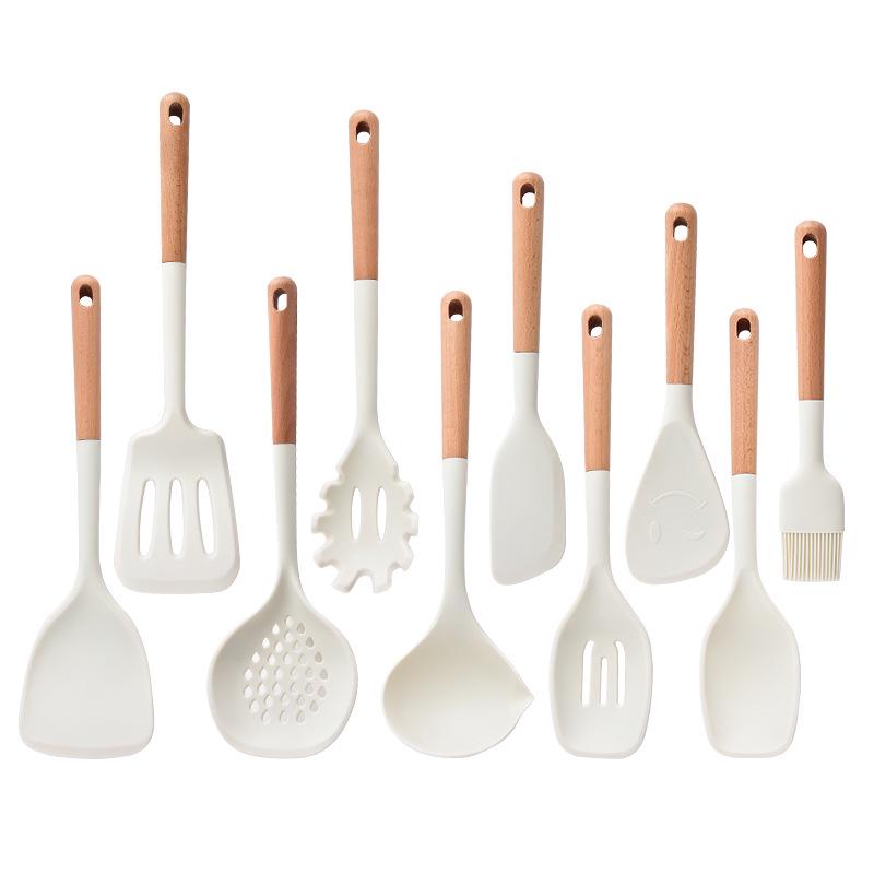 Heat-Resistant Silicone Kitchenware Set: Spatula, Soup Ladle, Slotted Spoon, Rice Spoon, Frying Pan Scraper, Oil Brush, and Flour Grabber.