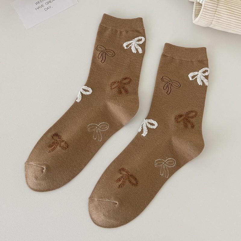 Socks Coffee Color Cute Bear Medium Tube Socks Season College Style Pure Cotton Bow Stacking Socks Women