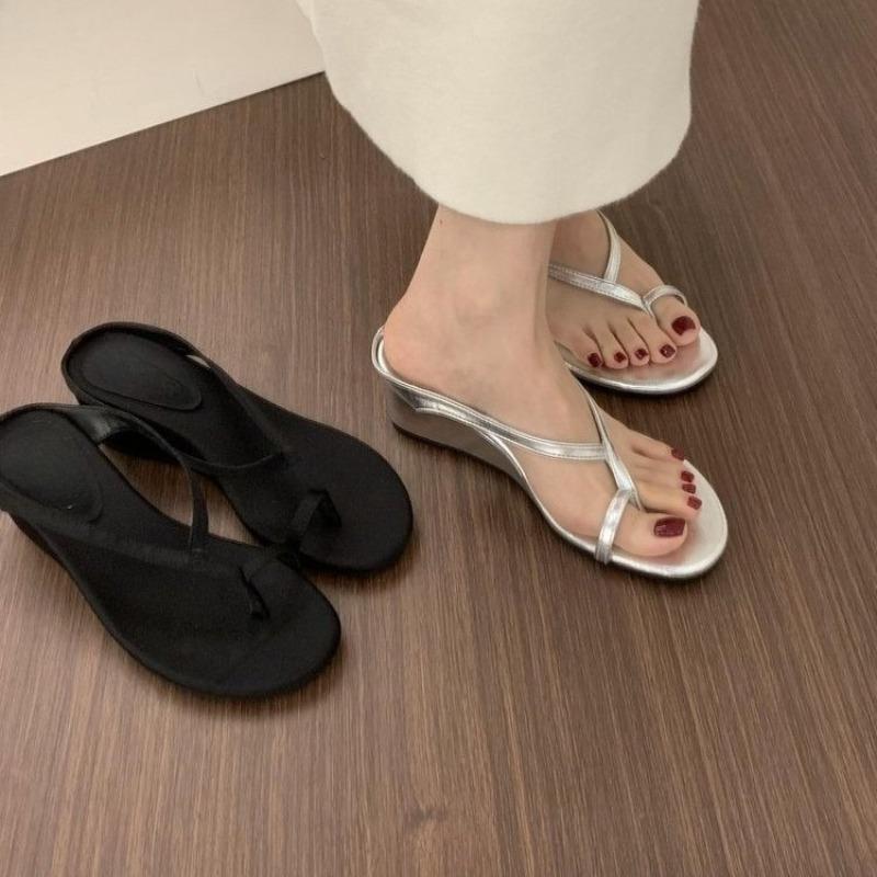 Fashion Genuine  Toe Strap Clip On Flip Flops Women 2025 Summer New Style with Thick Heel and Small Wedge Heel Sandals Slippers