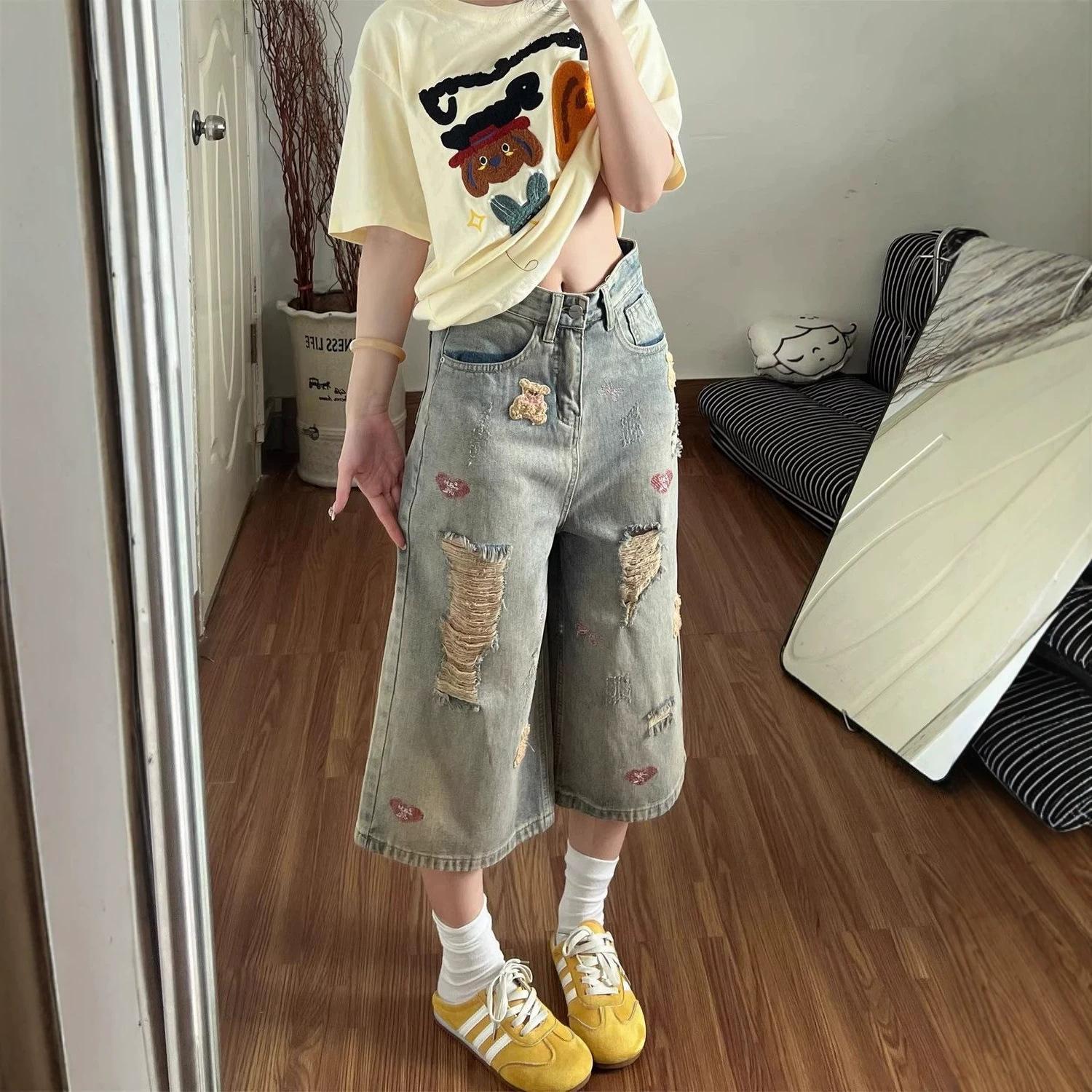 Women s High Waist Cute Embroidered Distressed Cropped Jeans Loose Wide Leg Denim Culottes XS синий