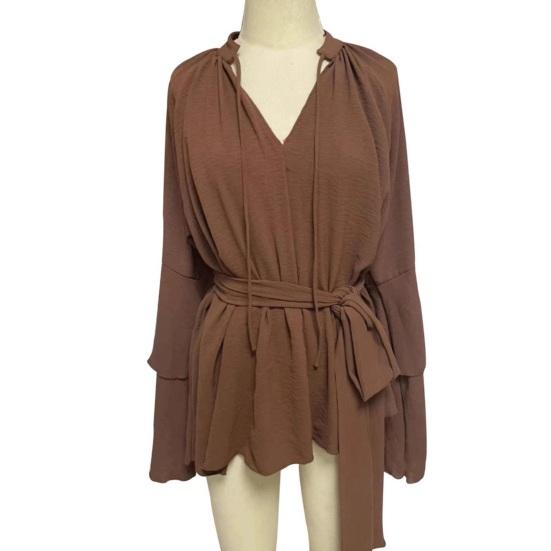 Summer Ruffle Long Sleeve Dress for Women Casual V Neck A-line Swing Mini Dress with Belt Irregular Vacation Dress