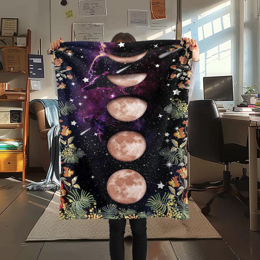 1Pc Floral Moon Print Flannel Blanket, High Quality Comfortable for All Seasons, Home Decor, Warmth and Comfort, Perfect for Gifts