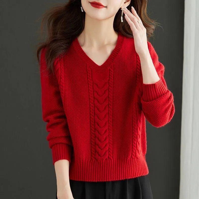 Women's Autumn & Winter Short-Style V-Neck Sweater High-Waisted Top Thickened Knit Base Layer