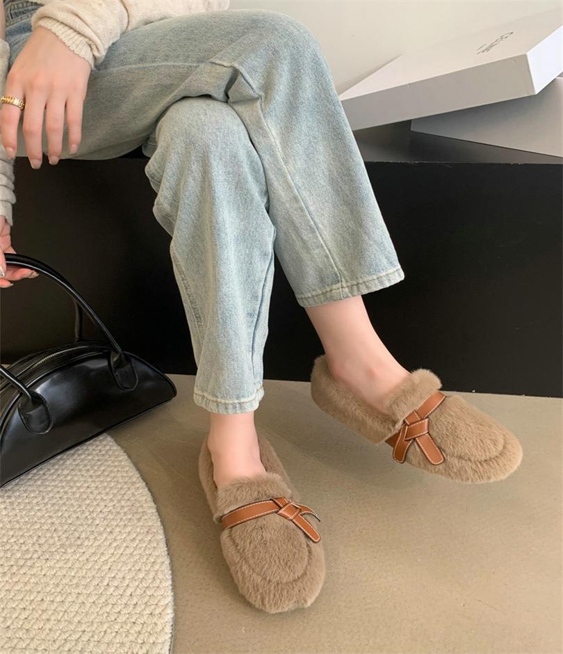 Soft-soled plush round-headed fluffy shoes for women's autumn and winter new models, wear gentle Internet celebrities, pedal Doudou shoes, keep warm