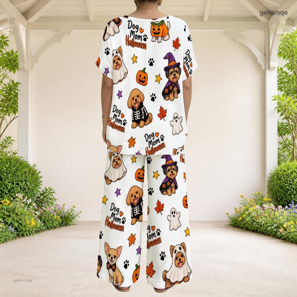 Women Plus Size Halloween Dog Printed Round Neck Short Sleeve Top Wide Leg Pants Two Piece Set