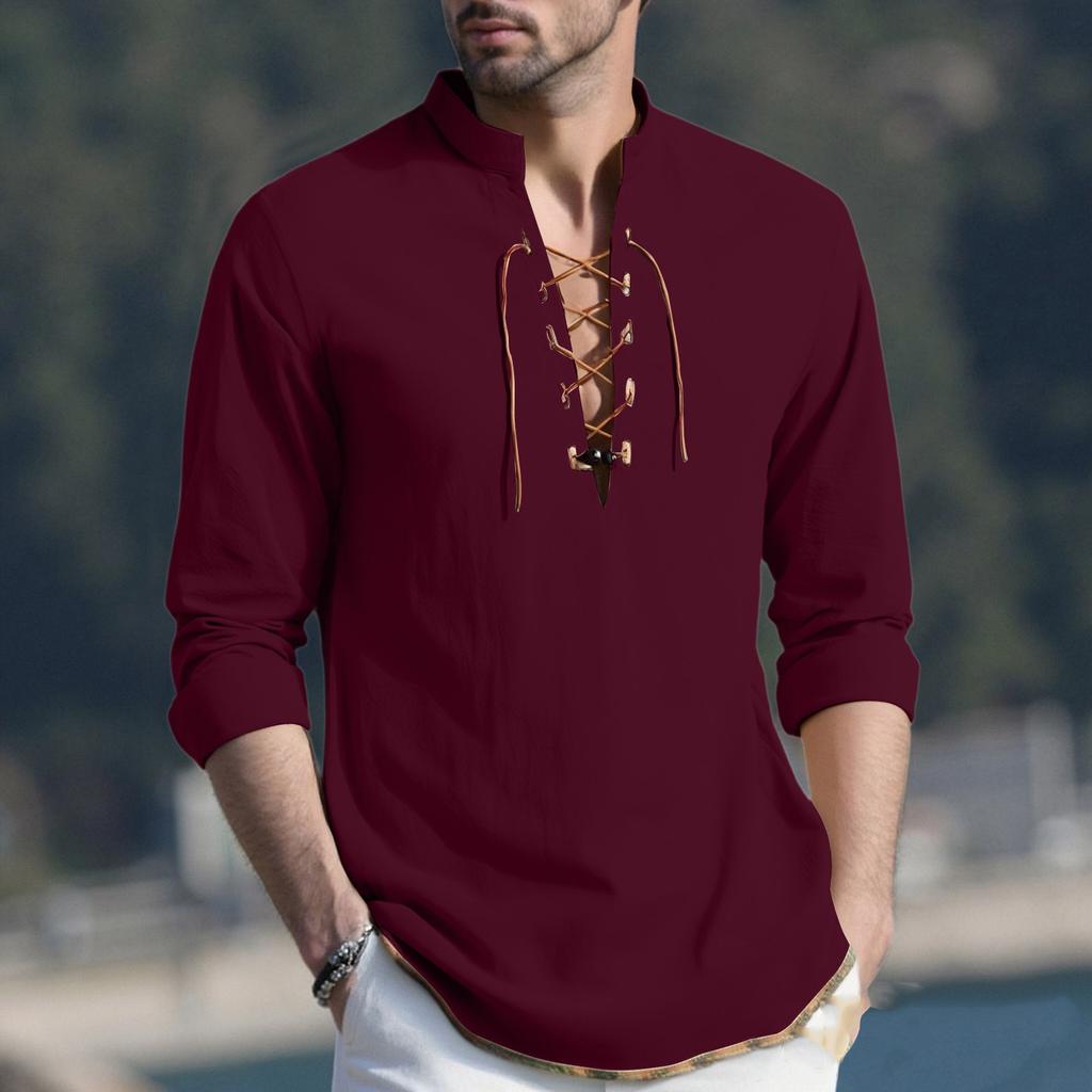 Men's Casual And Fashionable Cotton And Linen Solid Color Round-neck Long-sleeved