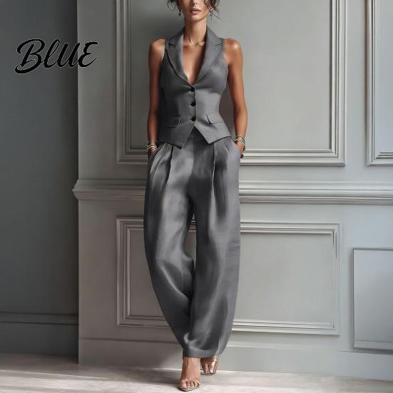 Women Two-piece Women's Summer 2 Piece Business Work Outfits Sleeveless Button Slim Fit Suit Down Vest And Wide Leg Pants Matching Set Clothing
