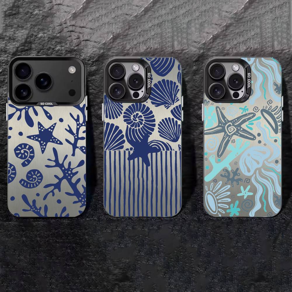 Seashell Starfish Pattern Phone Case For iPhone 17,16,15,14,13,12,11 Plus,Pro Max,XS,Colored silver phone case