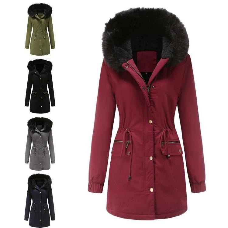 Warm Fluffy Winter Jacket Medium Long Hooded Collar Parker Coat Cotton Zipper Coat