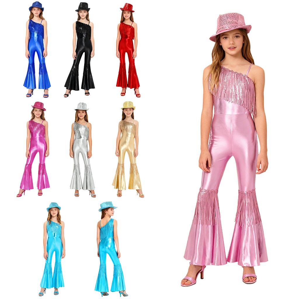 Girls Jazz Dance Jumpsuit Sleeveless One Shoulder with Sequins Tassels High Waist Bell Bottoms and Fedora Hat for Pageant Banquet