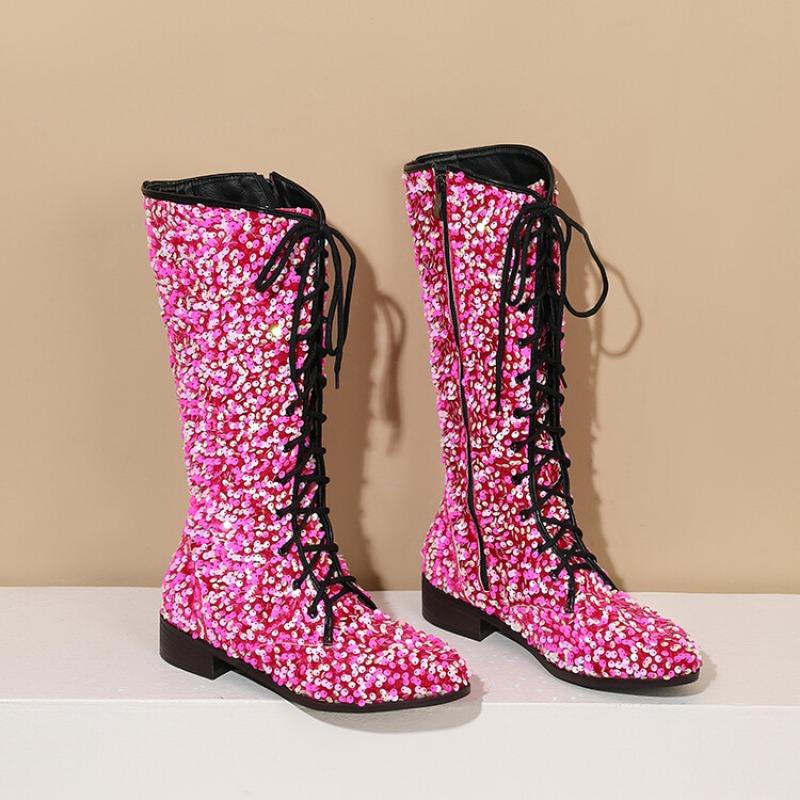 Damskie błyszczące różowe cekinowe buty fioletowe złote brokatowe półbuty z zamkiem błyskawicznym damskie sznurowane buty na imprezę