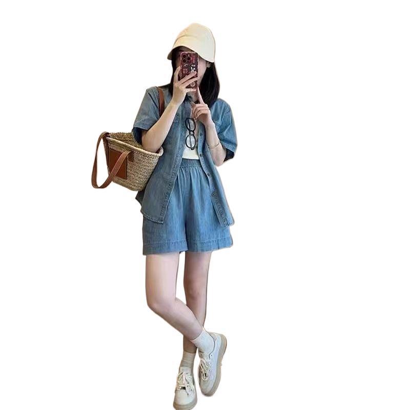 Spring/Summer 2026 Youthful Slimming Outfit Set: Petite to Plus-Size Women's Denim Shorts Two-Piece