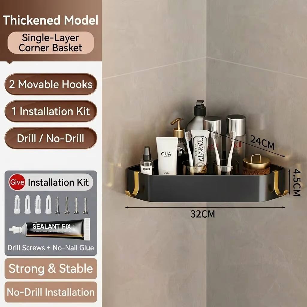 Bathroom Storage Rack, Corner Wall-mounted, No-drill, for Toilet and Washbasin, Shower Shelf, Black and Gold Triangular Basket