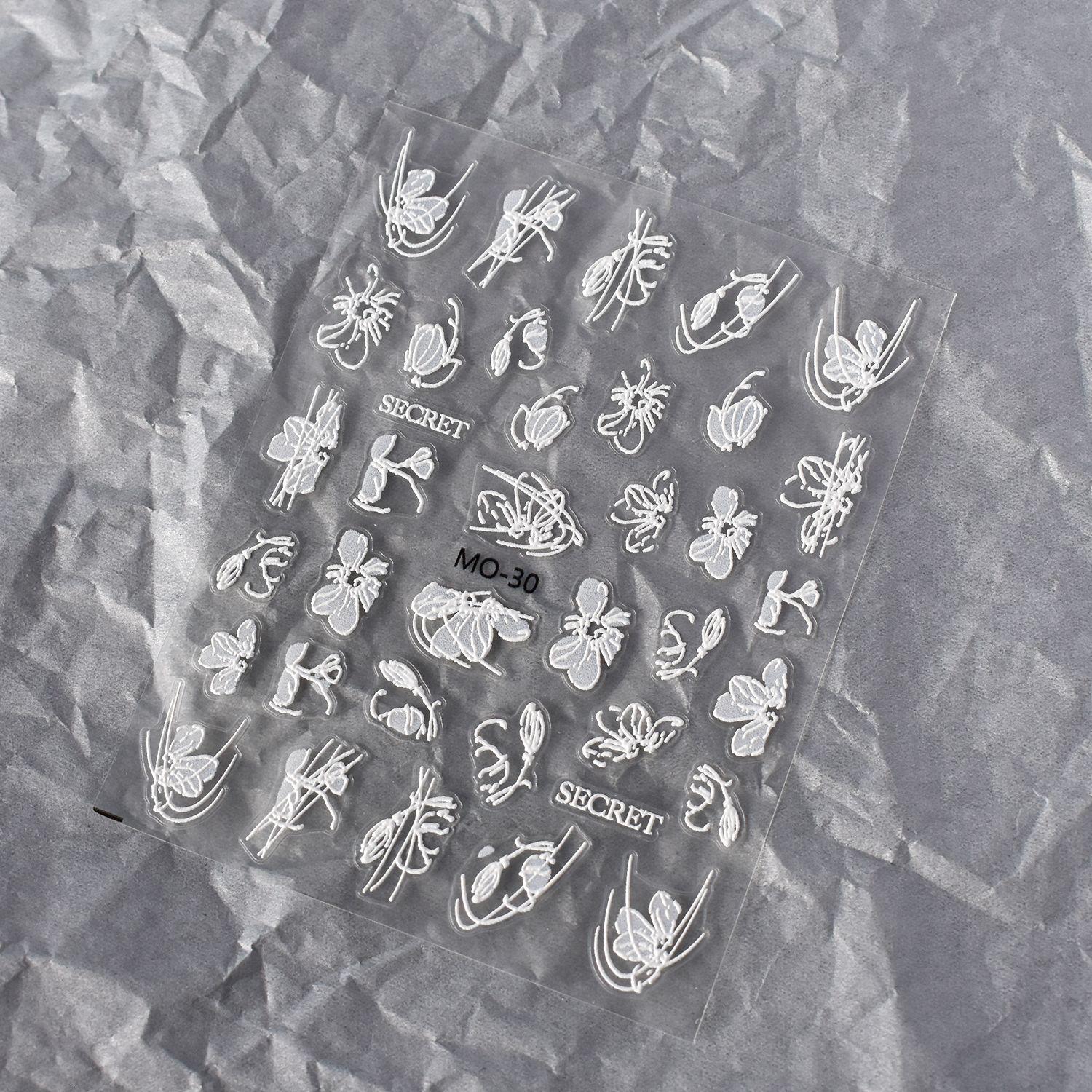 Embossed White Cherry Blossom Nail Stickers - 3D Semi-Transparent Floral Decals with Adhesive Backing