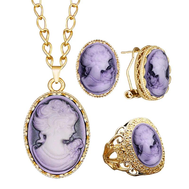 

6 Colors Lady Queen Cameo Necklace Earring Ring Sets For Women Gold Color Pink Blue Gray Fashion Flower Cameo Jewelry Set 7