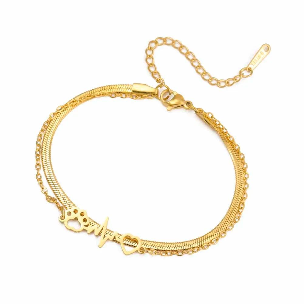 Heartbeat ECG Cat Paw Pendant Bracelet For Women Wax Cord Jewelry Gift