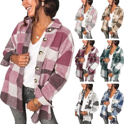 Winter Fall Women Fashion Plaid Print Button Coat Loose Pocket Jacket